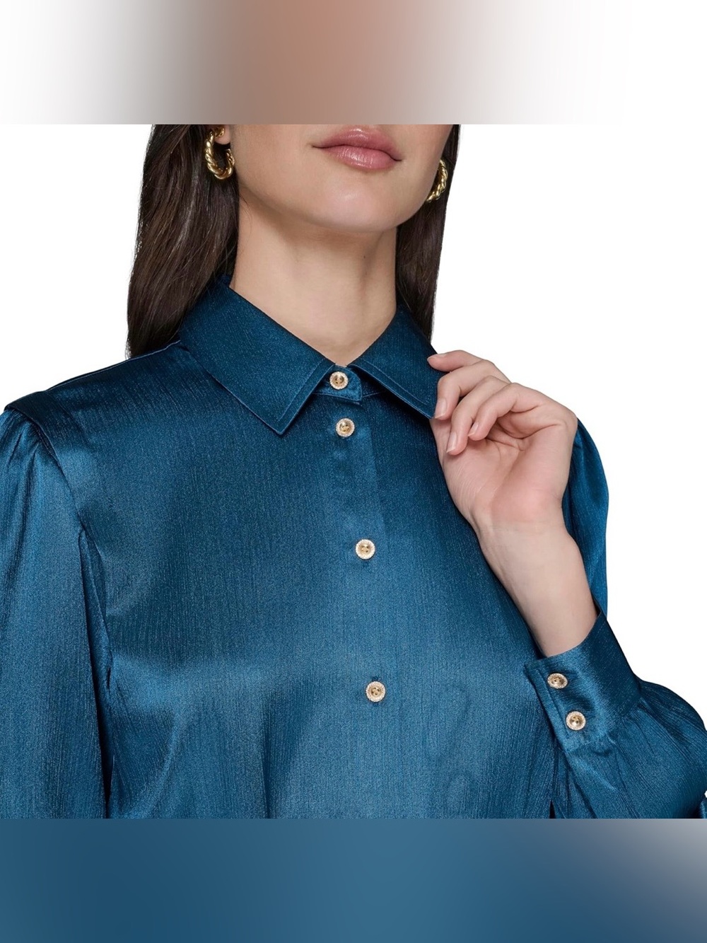 Karl Lagerfeld Teal Satin Long-Sleeve Button-Down Belted Midi Shirt Dress - Picture 5 of 15